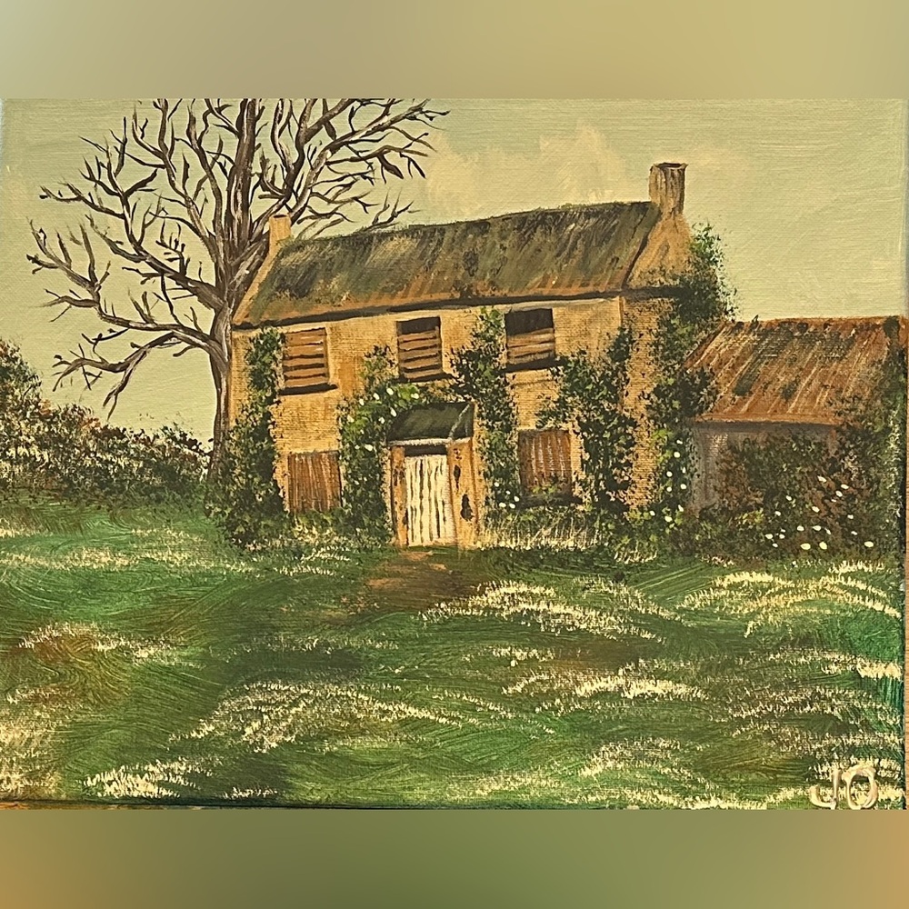 Old Countryside Cottage Painting in Green and Brown
